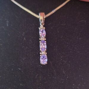 Oval Tanzanite Diamond Tiered Bar Drop Sterling Silver Pendant Necklace